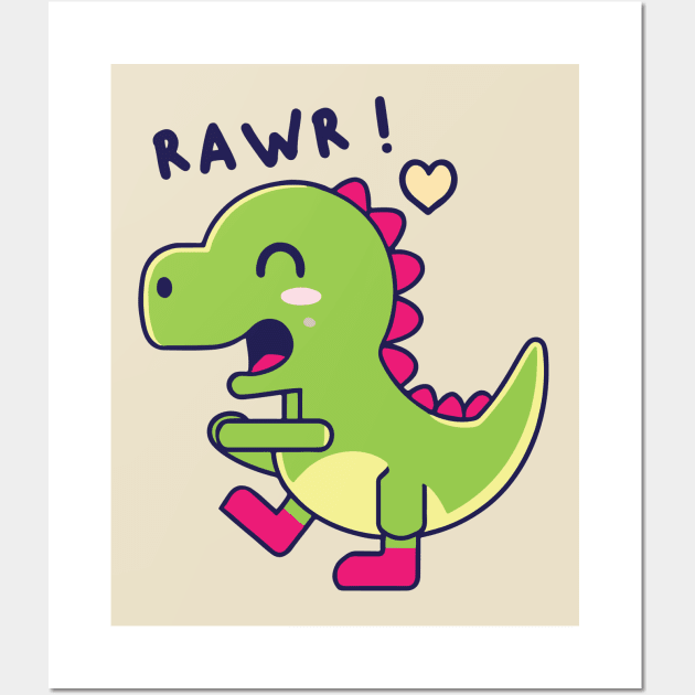 RAWR - Kawaii Cute Dinosaur Cartoon Wall Art by Kawaii Bomb